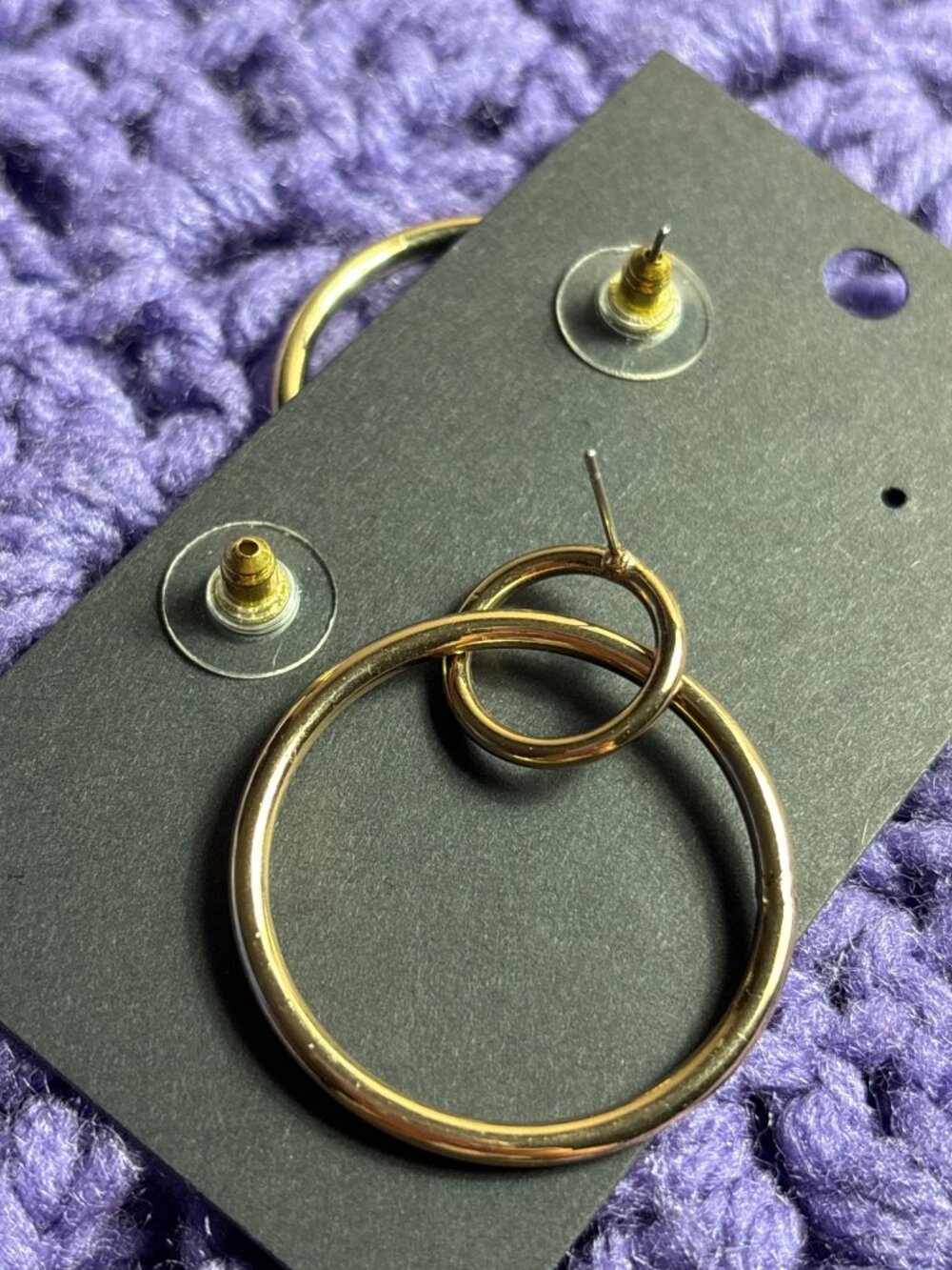 Goldtone Double Circle Dangle Hoop Earrings 1 5/8 inches - Picture 3 of 3